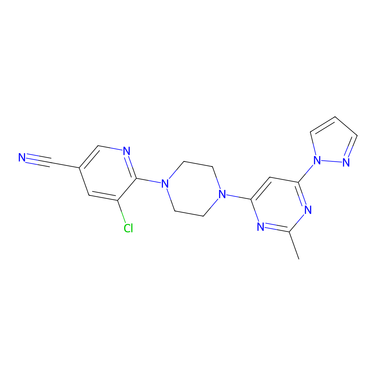 5-chloro-6-{4-[2-methyl-6-(1H-pyrazol-1-yl)pyrimidin-4-yl]piperazin-1-yl}pyridine-3-carbonitrile molecular structure, CAS 2640975-71-7