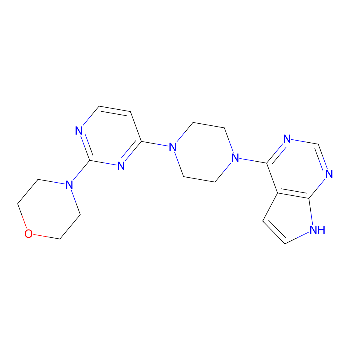 4-[4-(4-{7H-pyrrolo[2,3-d]pyrimidin-4-yl}piperazin-1-yl)pyrimidin-2-yl]morpholine molecular structure, CAS 2640975-73-9