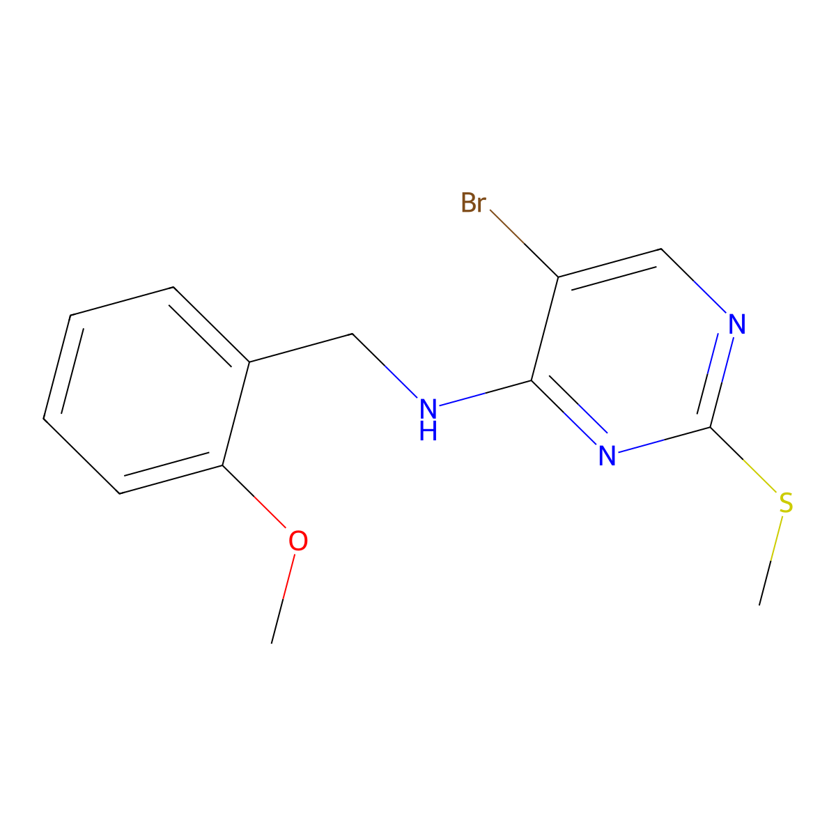 5-bromo-N-[(2-methoxyphenyl)methyl]-2-(methylsulfanyl)pyrimidin-4-amine molecular structure, CAS 2640975-74-0