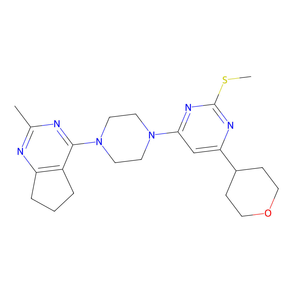 4-(4-{2-methyl-5H,6H,7H-cyclopenta[d]pyrimidin-4-yl}piperazin-1-yl)-2-(methylsulfanyl)-6-(oxan-4-yl)pyrimidine molecular structure, CAS 2640975-78-4