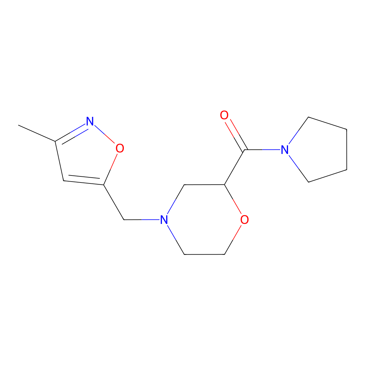 4-[(3-Methyl-1,2-oxazol-5-yl)methyl]-2-(pyrrolidine-1-carbonyl)morpholine molecular structure, CAS 2640975-79-5