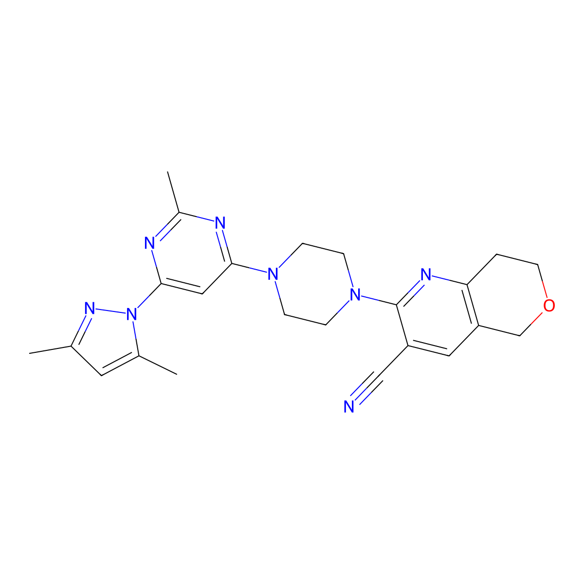 2-{4-[6-(3,5-dimethyl-1H-pyrazol-1-yl)-2-methylpyrimidin-4-yl]piperazin-1-yl}-5H,7H,8H-pyrano[4,3-b]pyridine-3-carbonitrile molecular structure, CAS 2640975-83-1