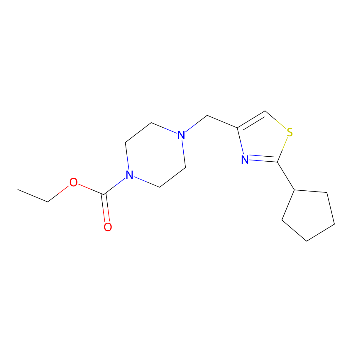 Ethyl 4-[(2-cyclopentyl-1,3-thiazol-4-yl)methyl]piperazine-1-carboxylate molecular structure, CAS 2640975-89-7