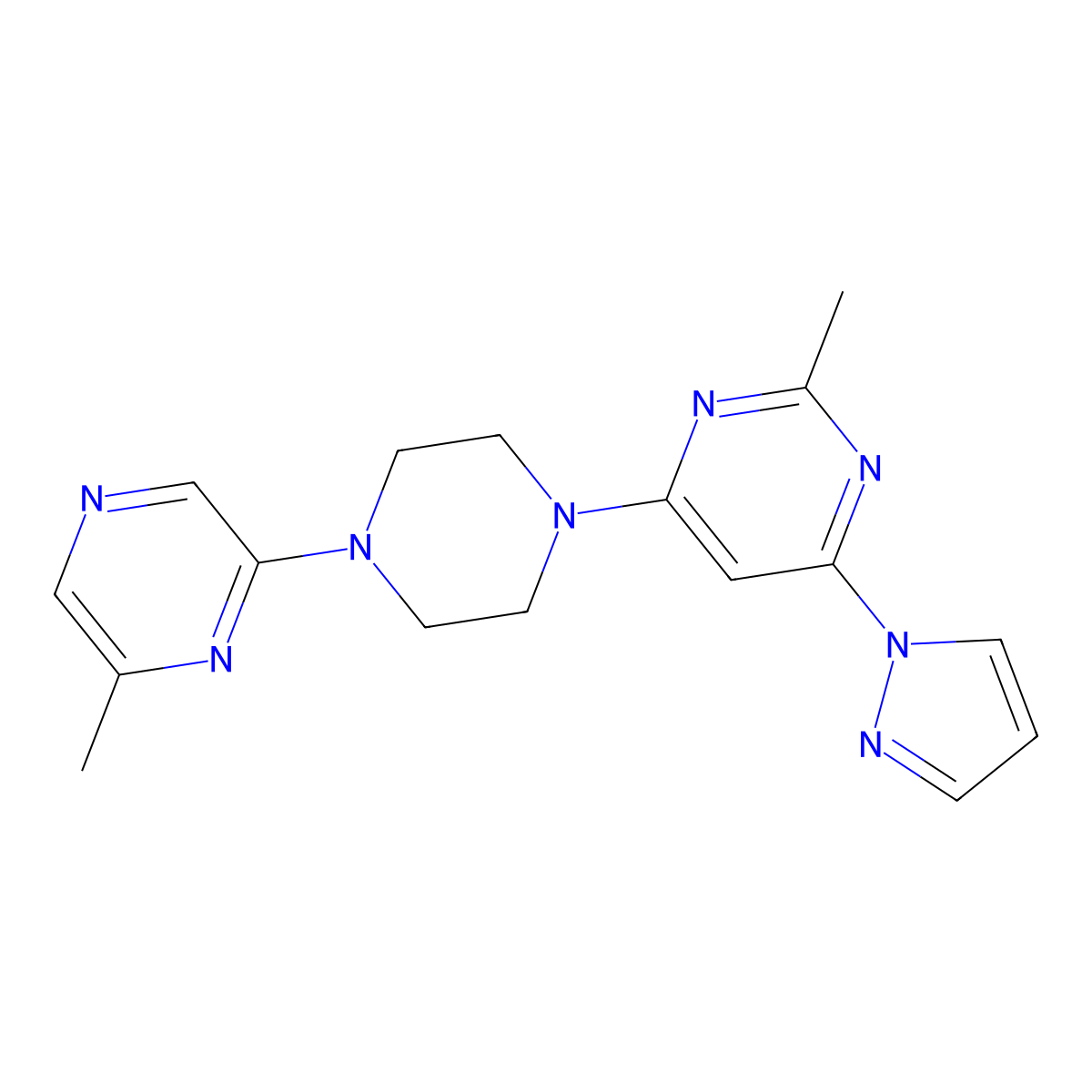 2-methyl-4-[4-(6-methylpyrazin-2-yl)piperazin-1-yl]-6-(1H-pyrazol-1-yl)pyrimidine molecular structure, CAS 2640975-90-0