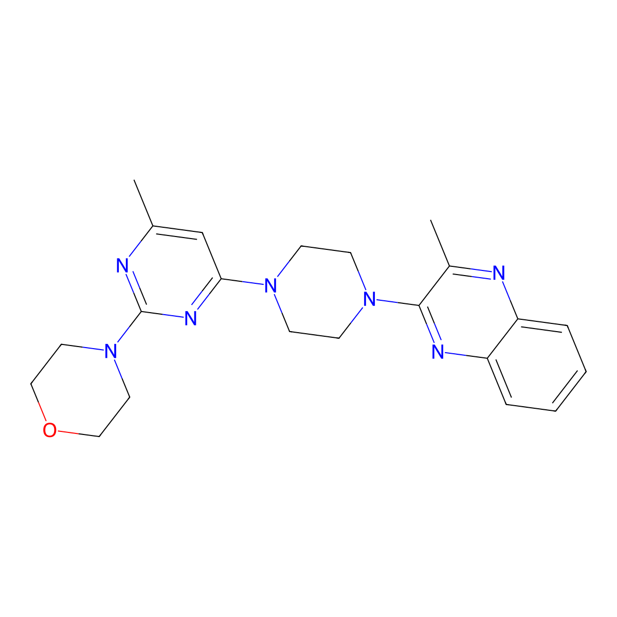 2-Methyl-3-{4-[6-methyl-2-(morpholin-4-yl)pyrimidin-4-yl]piperazin-1-yl}quinoxaline molecular structure, CAS 2640975-91-1