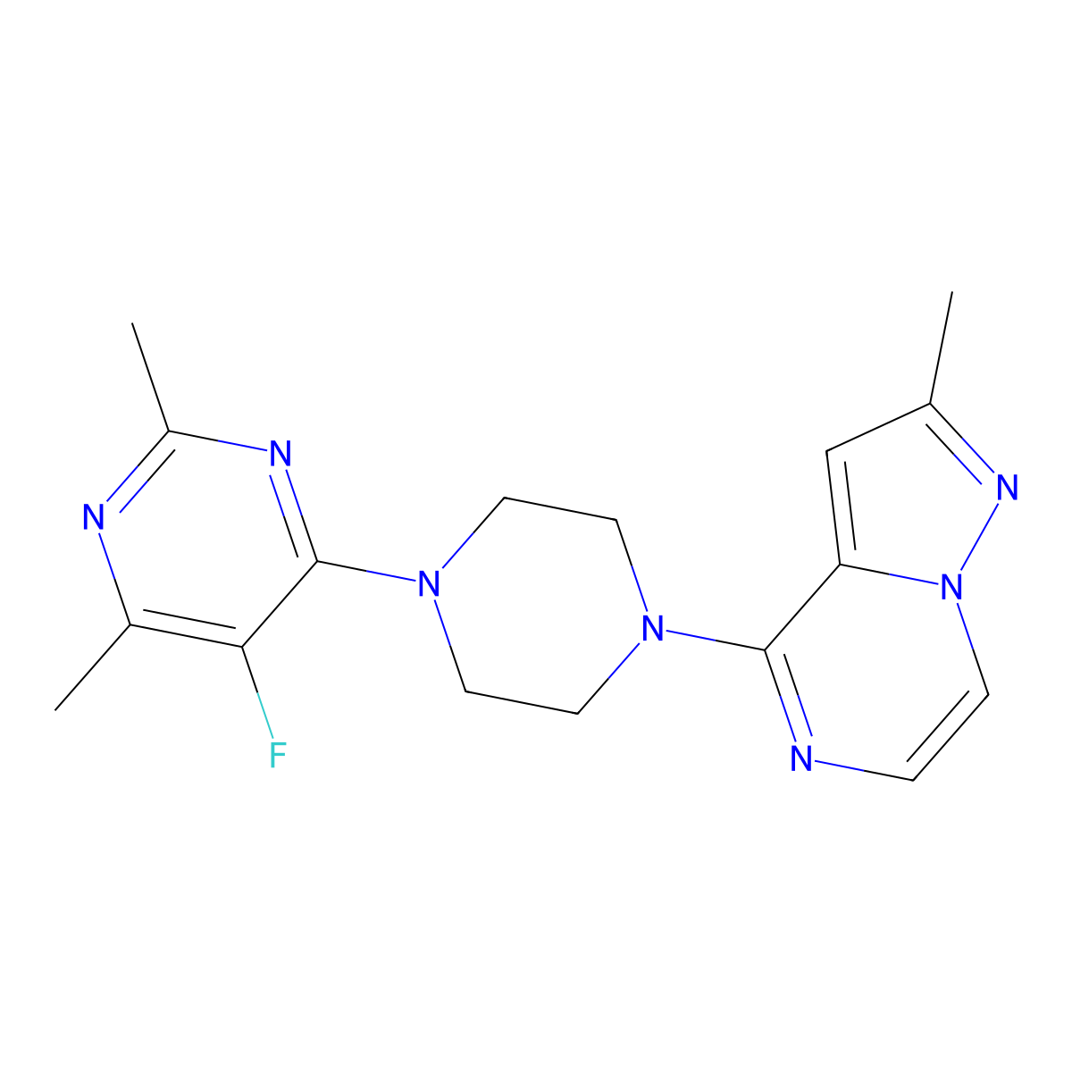 5-Fluoro-2,4-dimethyl-6-(4-{2-methylpyrazolo[1,5-a]pyrazin-4-yl}piperazin-1-yl)pyrimidine molecular structure, CAS 2640975-92-2