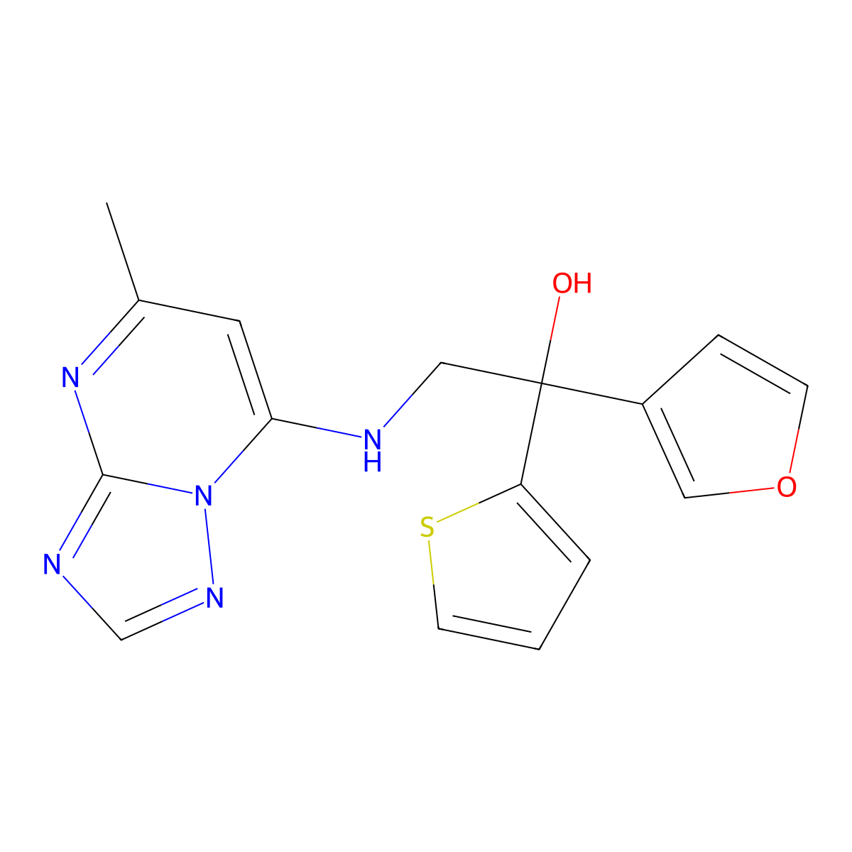 1-(Furan-3-yl)-2-({5-methyl-[1,2,4]triazolo[1,5-a]pyrimidin-7-yl}amino)-1-(thiophen-2-yl)ethan-1-ol molecular structure, CAS 2640975-96-6