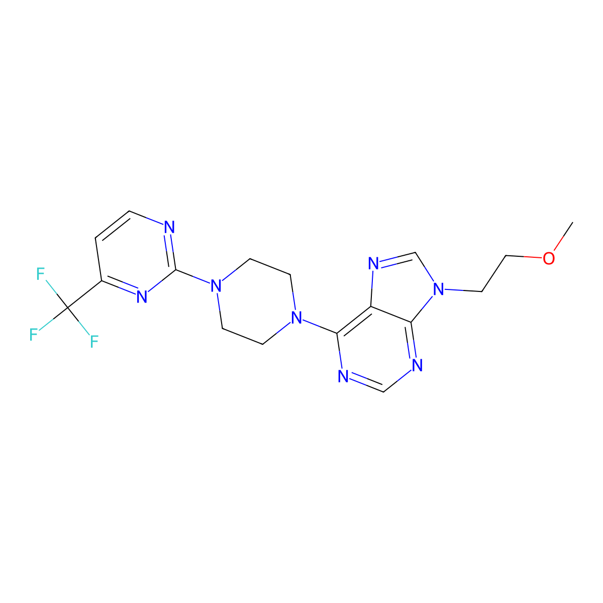 9-(2-methoxyethyl)-6-{4-[4-(trifluoromethyl)pyrimidin-2-yl]piperazin-1-yl}-9H-purine molecular structure, CAS 2640975-99-9
