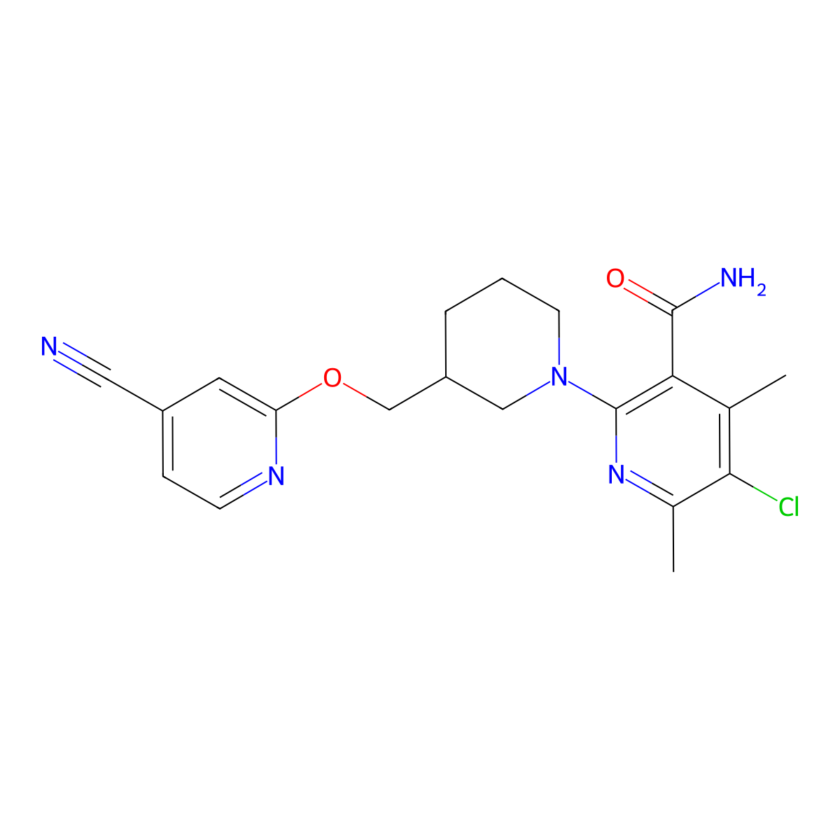 5-Chloro-2-(3-{[(4-cyanopyridin-2-yl)oxy]methyl}piperidin-1-yl)-4,6-dimethylpyridine-3-carboxamide molecular structure, CAS 2640976-00-5