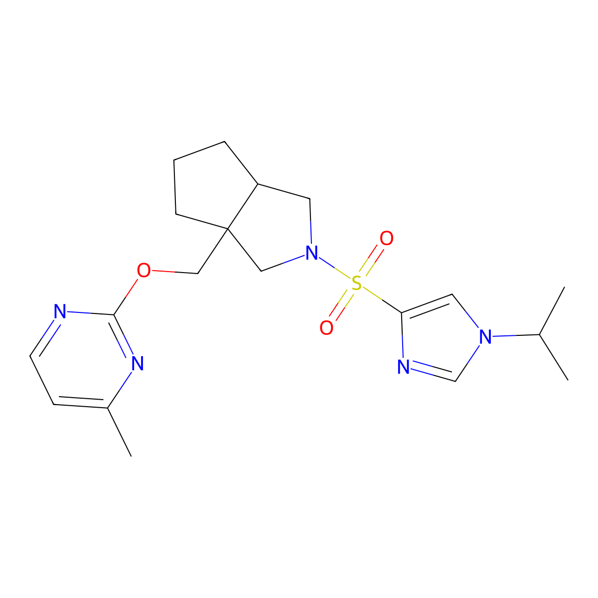 4-methyl-2-[(2-{[1-(propan-2-yl)-1H-imidazol-4-yl]sulfonyl}-octahydrocyclopenta[c]pyrrol-3a-yl)methoxy]pyrimidine molecular structure, CAS 2640976-03-8
