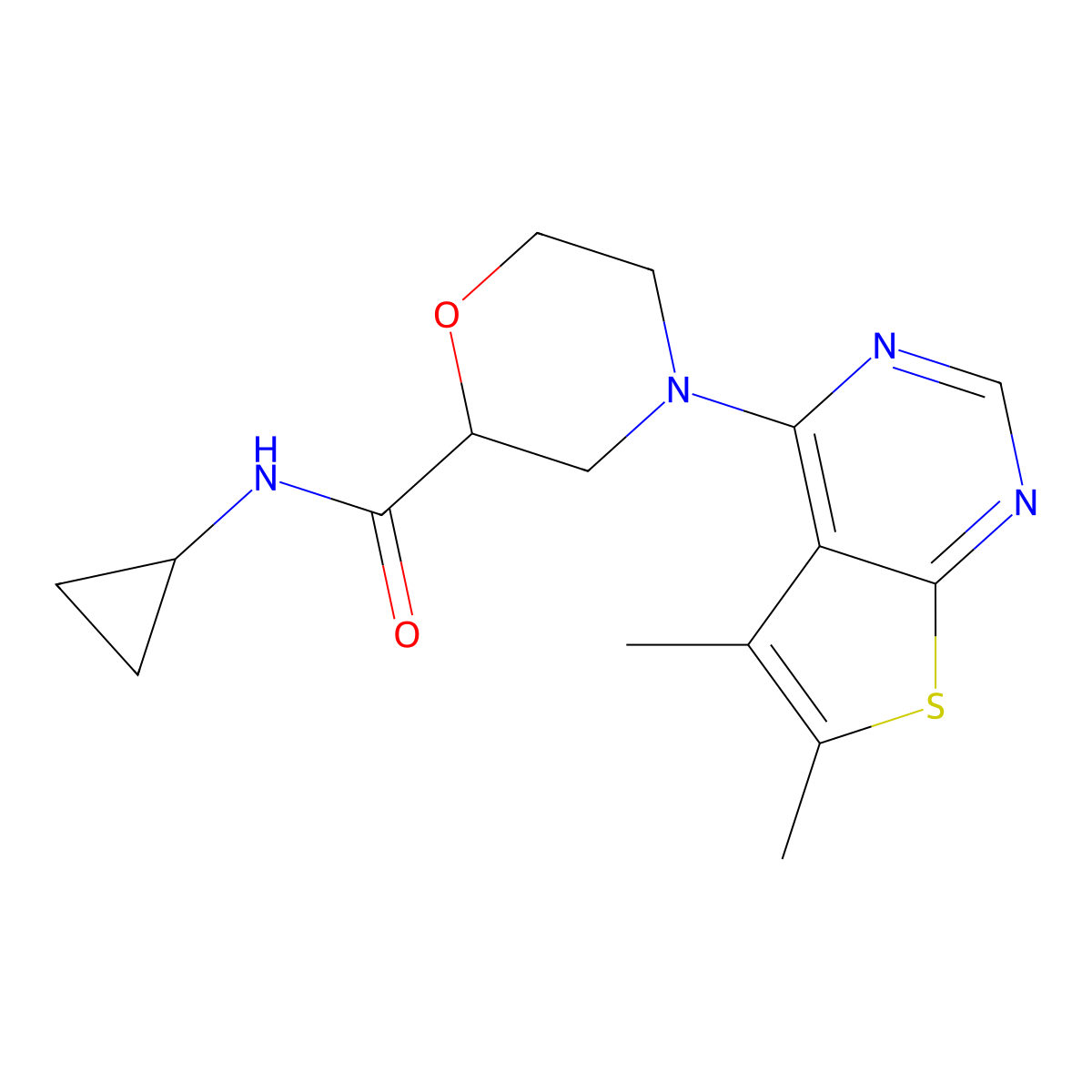 N-cyclopropyl-4-{5,6-dimethylthieno[2,3-d]pyrimidin-4-yl}morpholine-2-carboxamide molecular structure, CAS 2640976-12-9