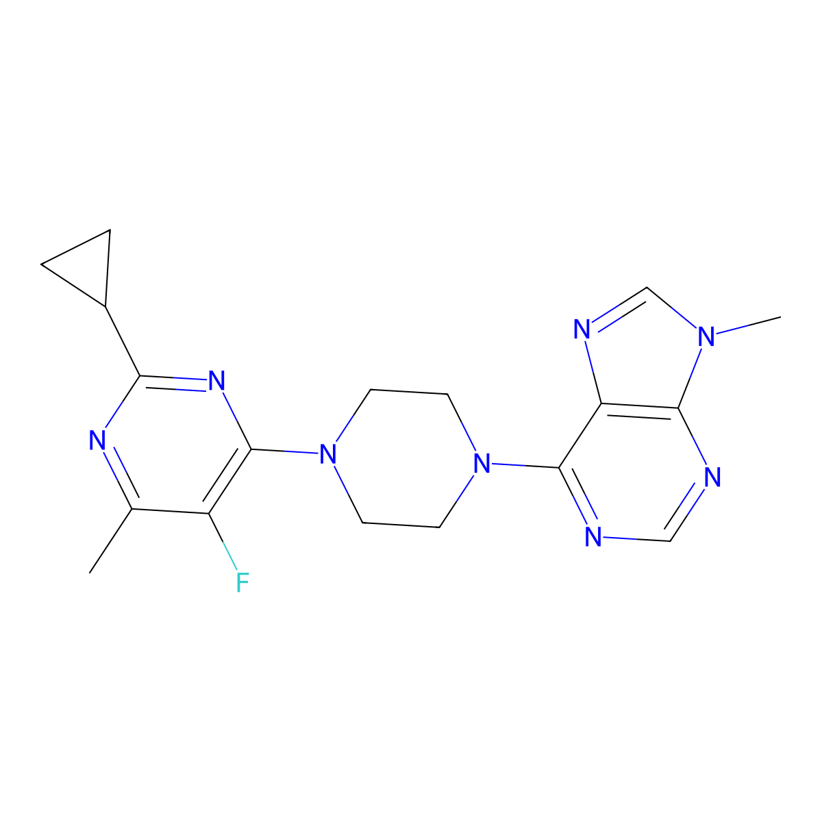 6-[4-(2-cyclopropyl-5-fluoro-6-methylpyrimidin-4-yl)piperazin-1-yl]-9-methyl-9H-purine molecular structure, CAS 2640976-13-0
