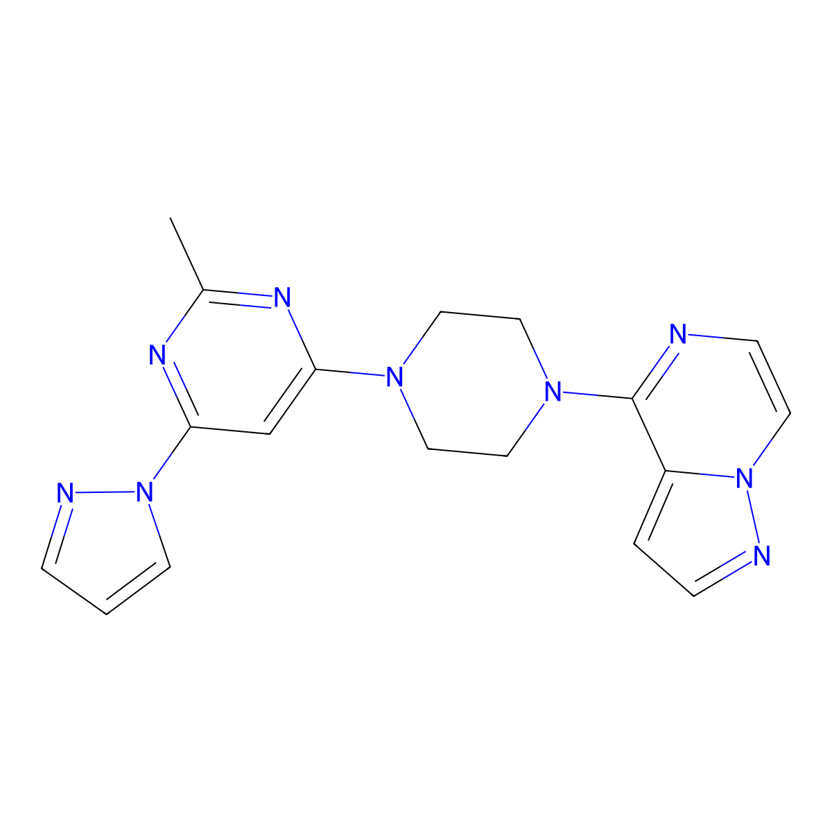 2-methyl-4-(1H-pyrazol-1-yl)-6-(4-{pyrazolo[1,5-a]pyrazin-4-yl}piperazin-1-yl)pyrimidine molecular structure, CAS 2640976-14-1