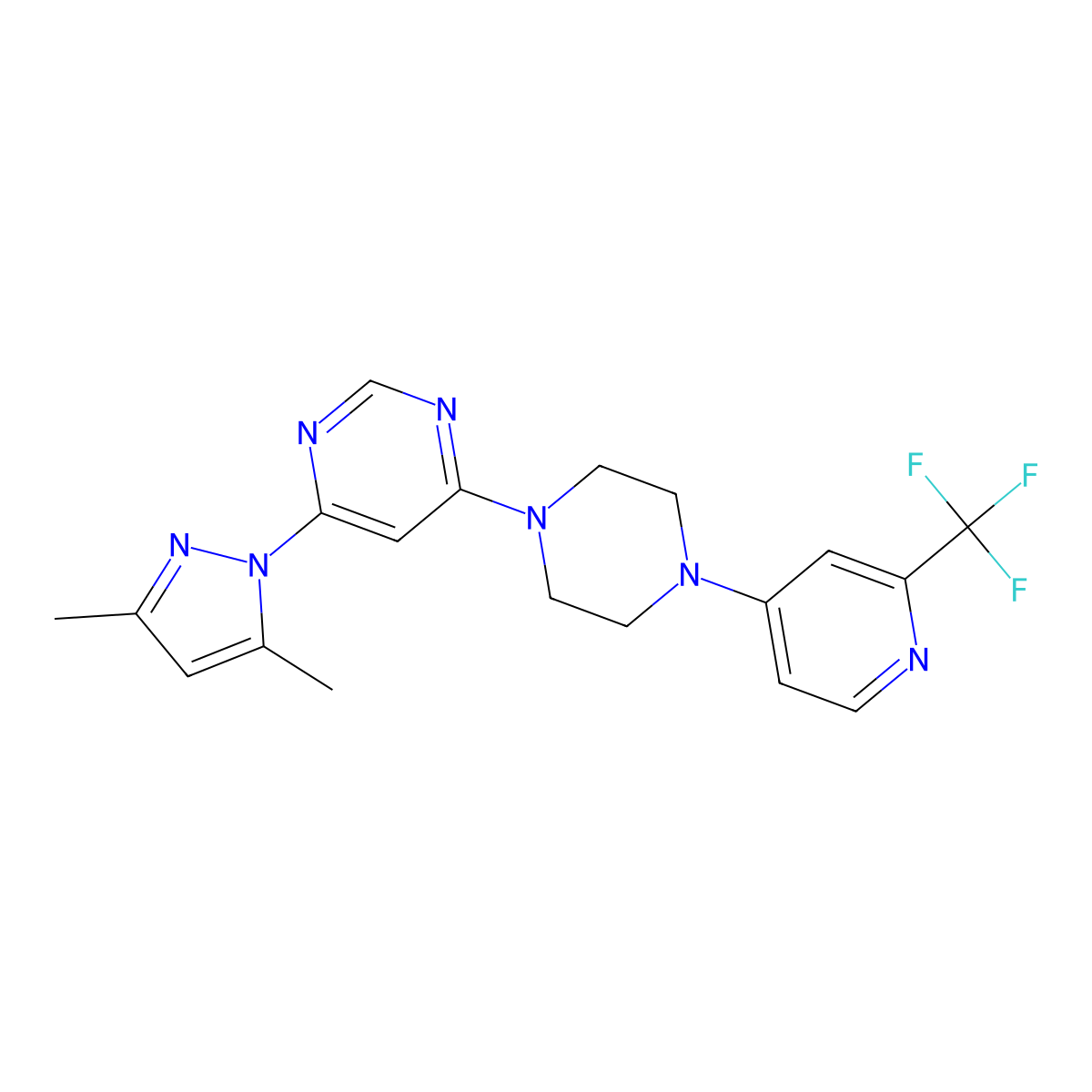 4-(3,5-dimethyl-1H-pyrazol-1-yl)-6-{4-[2-(trifluoromethyl)pyridin-4-yl]piperazin-1-yl}pyrimidine molecular structure, CAS 2640976-17-4
