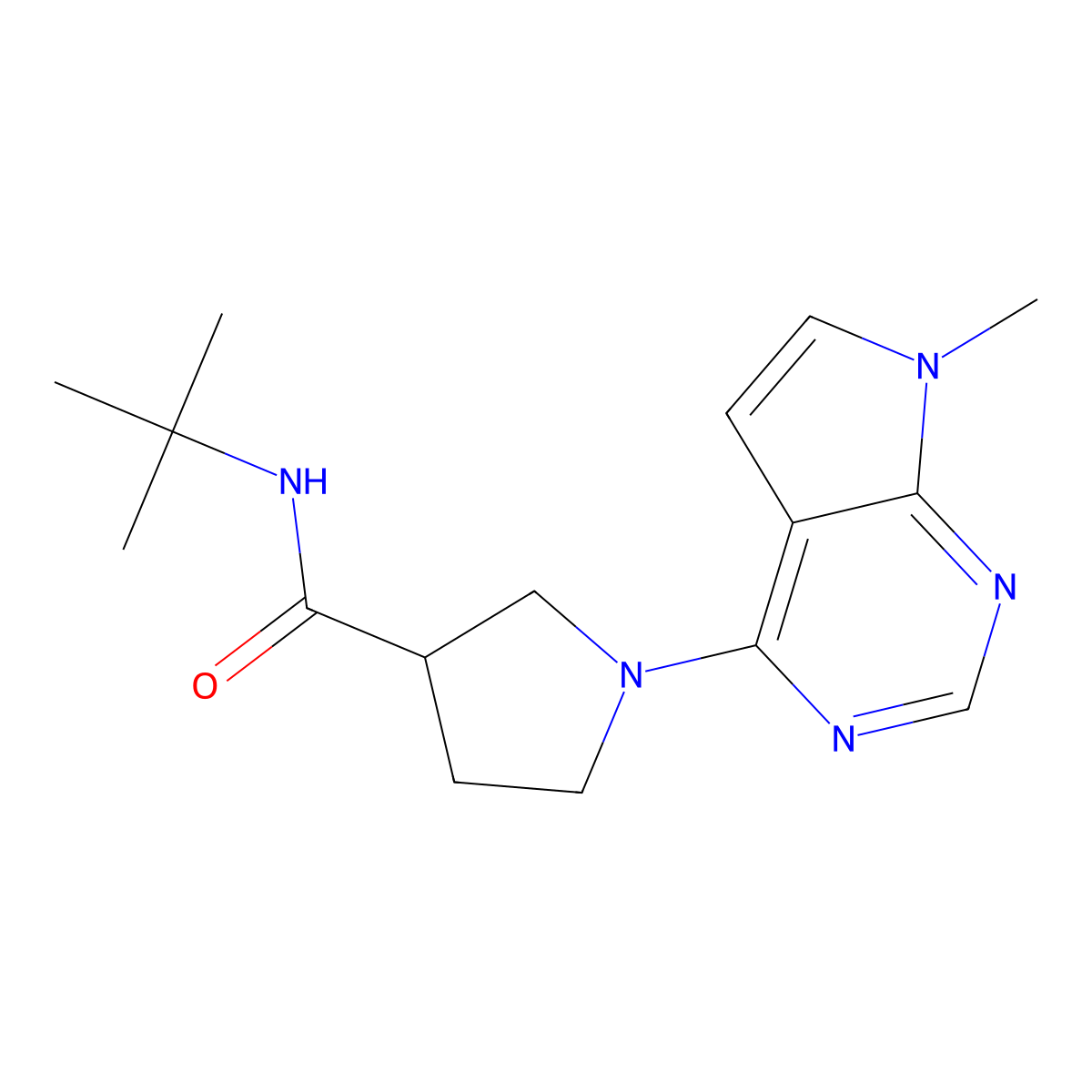 N-tert-butyl-1-{7-methyl-7H-pyrrolo[2,3-d]pyrimidin-4-yl}pyrrolidine-3-carboxamide molecular structure, CAS 2640976-18-5