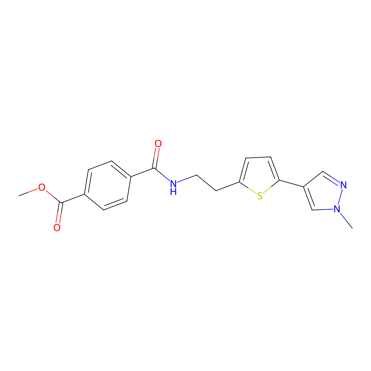methyl 4-({2-[5-(1-methyl-1H-pyrazol-4-yl)thiophen-2-yl]ethyl}carbamoyl)benzoate molecular structure, CAS 2640976-27-6