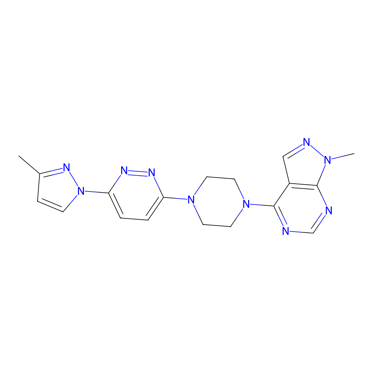 3-(3-methyl-1H-pyrazol-1-yl)-6-(4-{1-methyl-1H-pyrazolo[3,4-d]pyrimidin-4-yl}piperazin-1-yl)pyridazine molecular structure, CAS 2640976-32-3