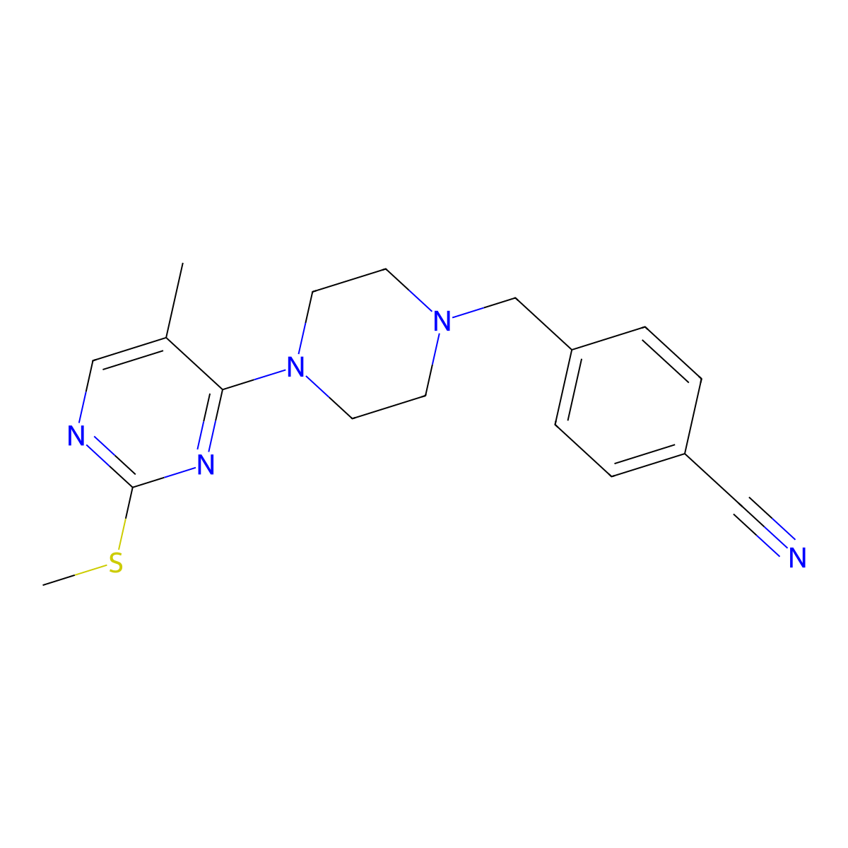 4-({4-[5-Methyl-2-(methylsulfanyl)pyrimidin-4-yl]piperazin-1-yl}methyl)benzonitrile molecular structure, CAS 2640976-33-4