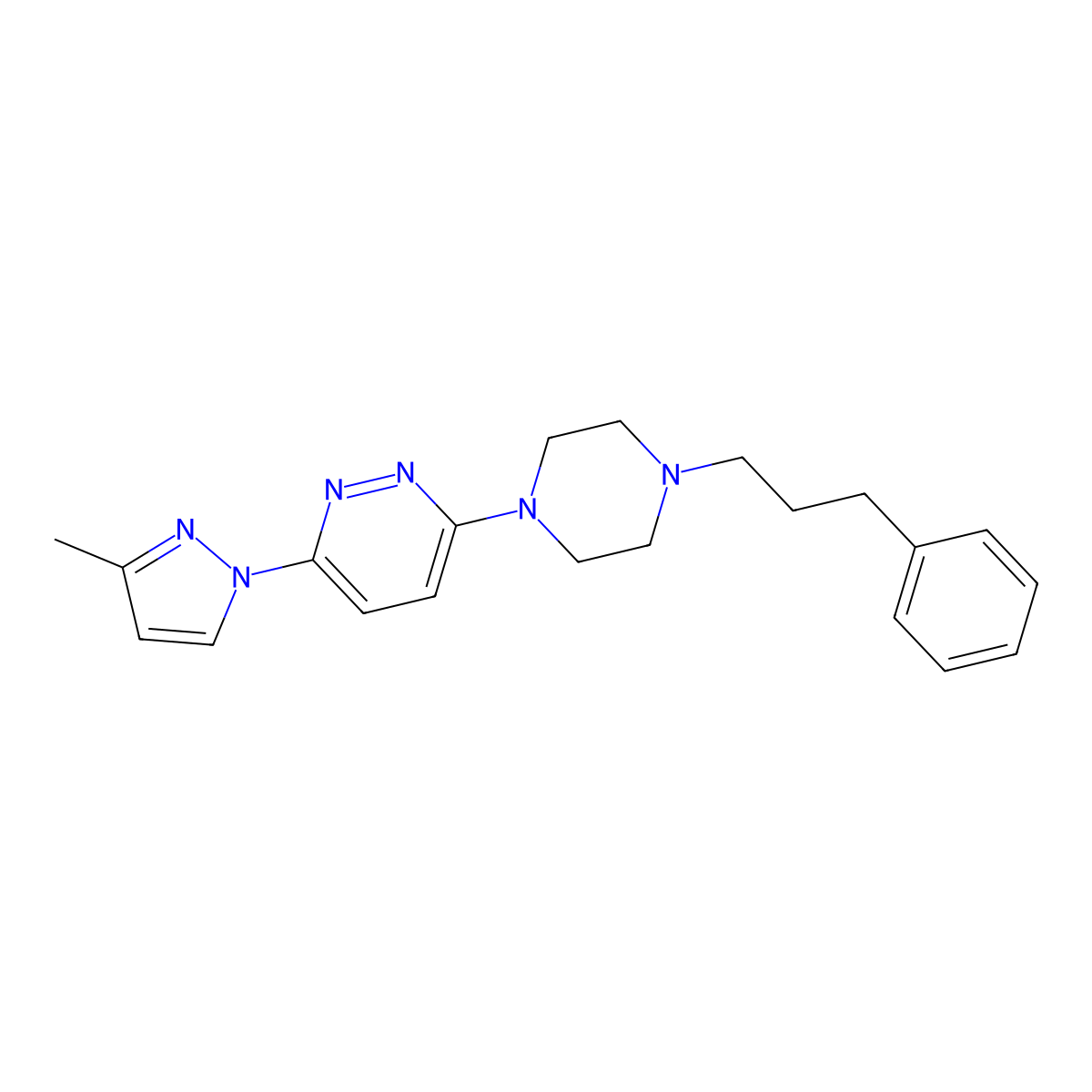 3-(3-methyl-1H-pyrazol-1-yl)-6-[4-(3-phenylpropyl)piperazin-1-yl]pyridazine molecular structure, CAS 2640976-36-7