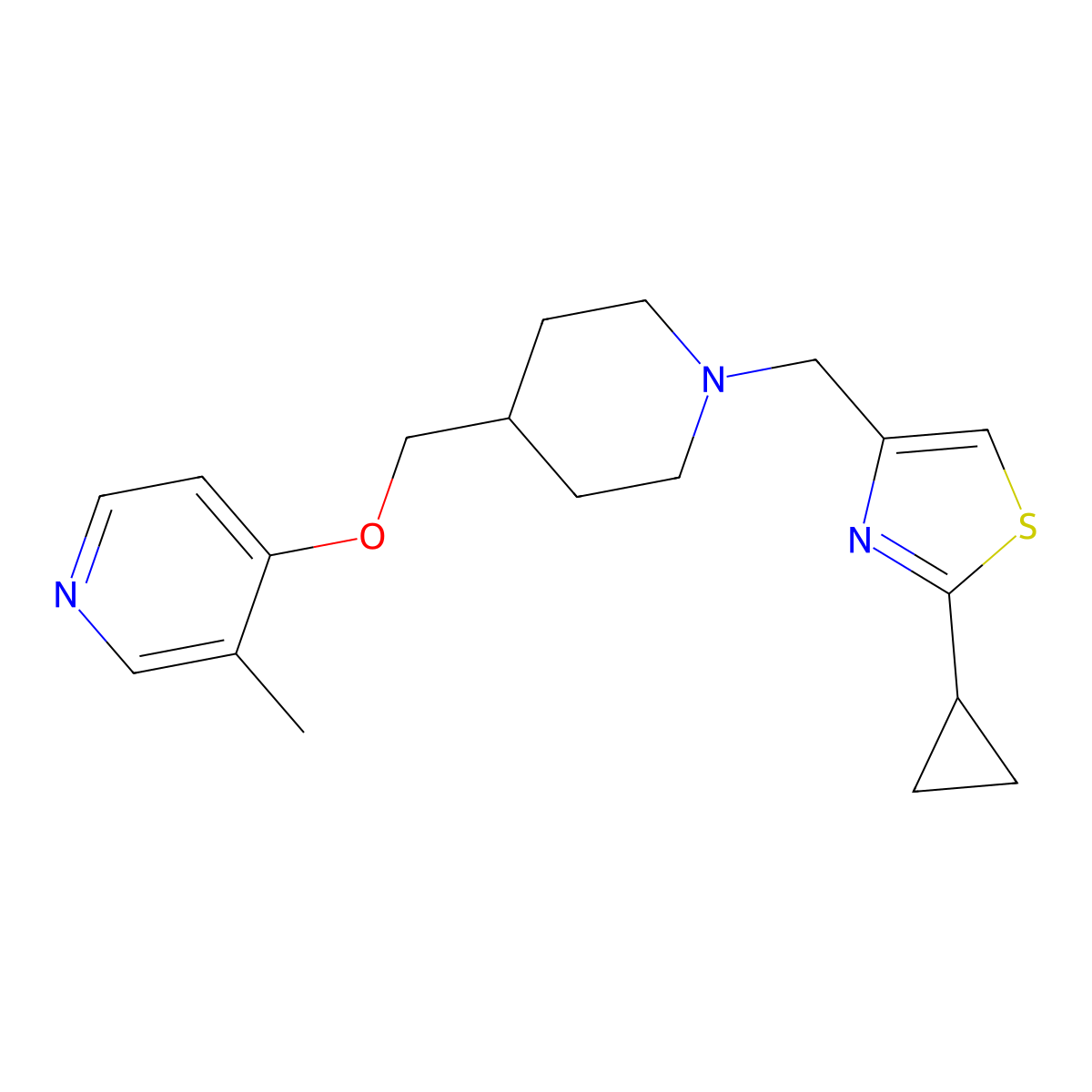 4-({1-[(2-Cyclopropyl-1,3-thiazol-4-yl)methyl]piperidin-4-yl}methoxy)-3-methylpyridine molecular structure, CAS 2640976-37-8