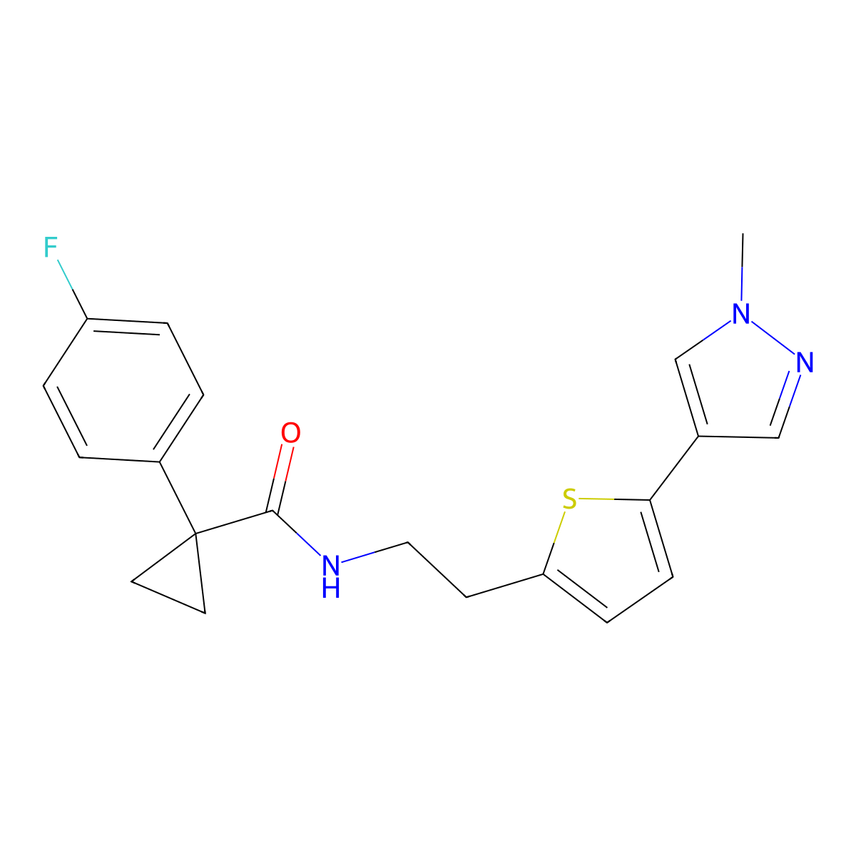 1-(4-fluorophenyl)-N-{2-[5-(1-methyl-1H-pyrazol-4-yl)thiophen-2-yl]ethyl}cyclopropane-1-carboxamide molecular structure, CAS 2640976-43-6