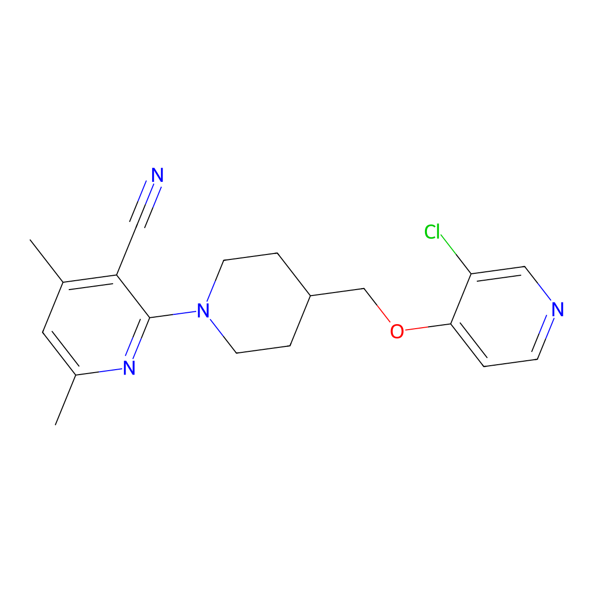 2-(4-{[(3-Chloropyridin-4-yl)oxy]methyl}piperidin-1-yl)-4,6-dimethylpyridine-3-carbonitrile molecular structure, CAS 2640976-44-7