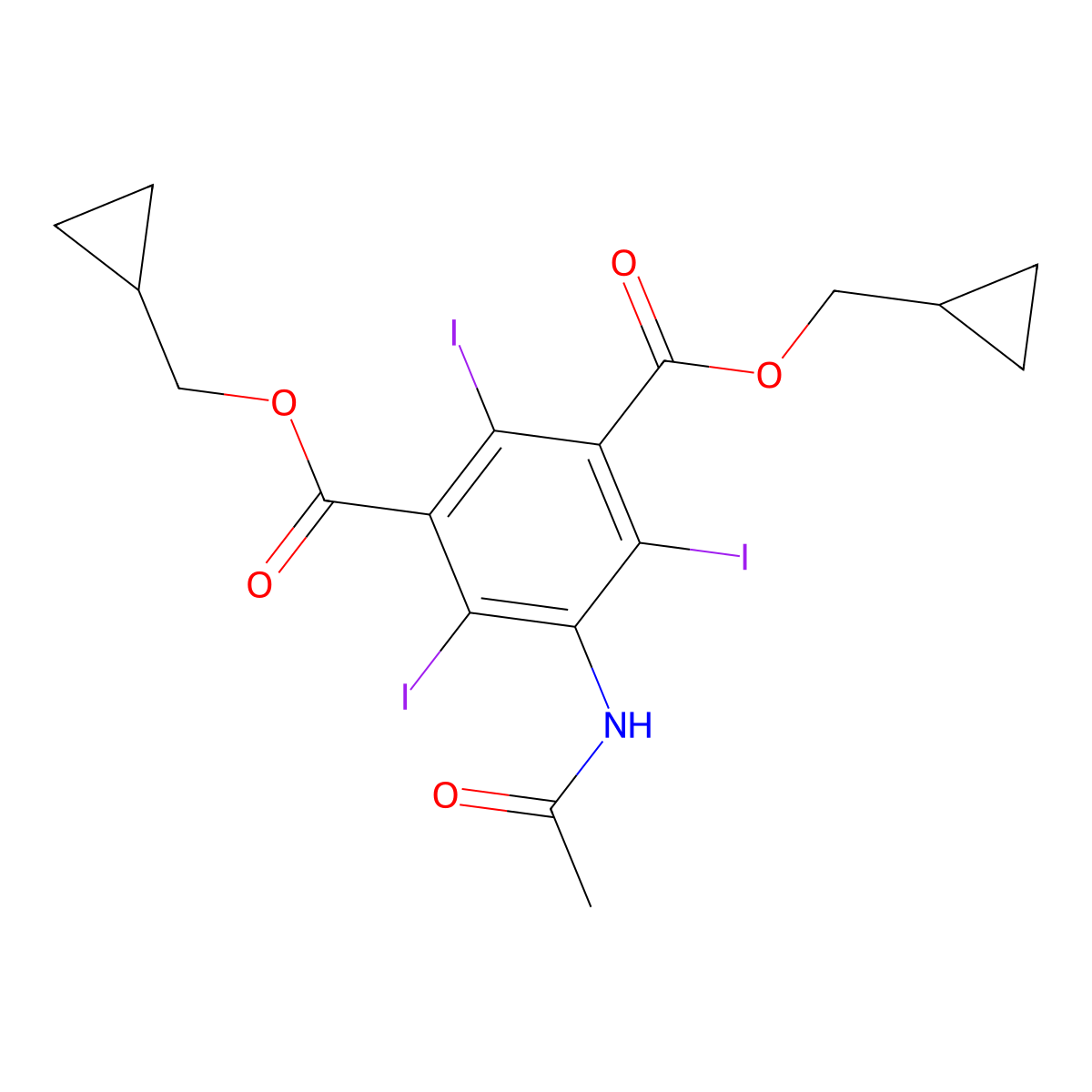 1,3-Dicyclopropylmethyl 5-acetamido-2,4,6-triiodobenzene-1,3-dicarboxylate molecular structure, CAS 2640976-54-9