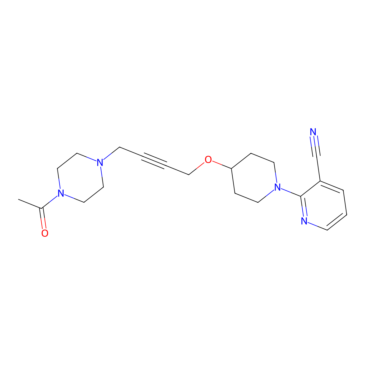 2-(4-{[4-(4-Acetylpiperazin-1-yl)but-2-yn-1-yl]oxy}piperidin-1-yl)pyridine-3-carbonitrile molecular structure, CAS 2640976-56-1