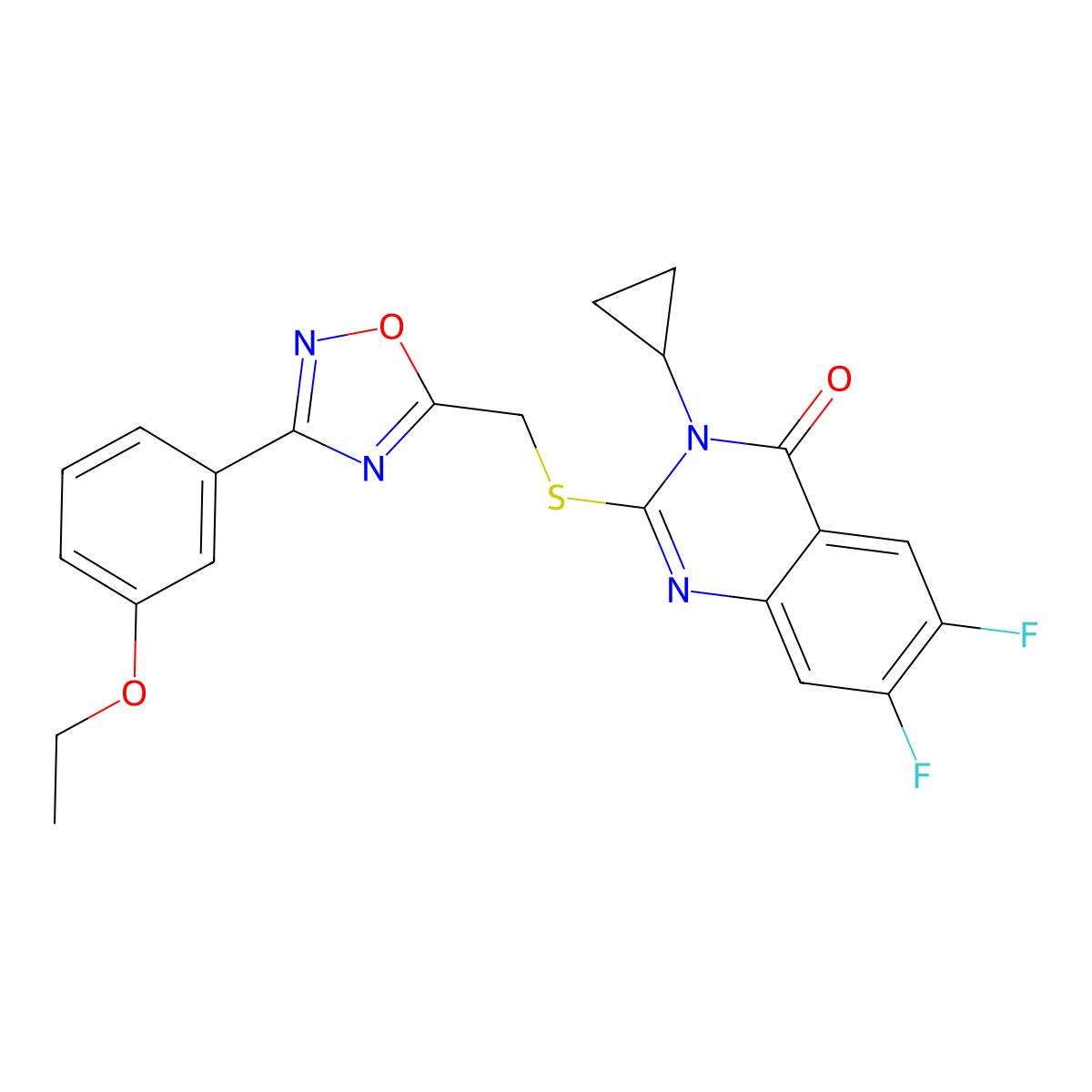 3-Cyclopropyl-2-({[3-(3-ethoxyphenyl)-1,2,4-oxadiazol-5-yl]methyl}sulfanyl)-6,7-difluoro-3,4-dihydroquinazolin-4-one molecular structure, CAS 2640976-63-0