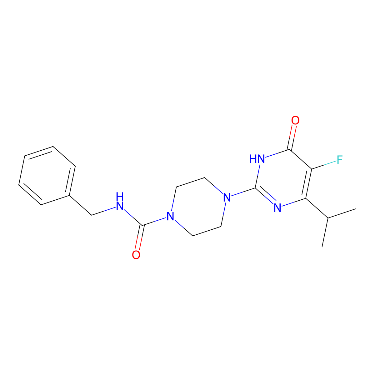 N-benzyl-4-[5-fluoro-6-oxo-4-(propan-2-yl)-1,6-dihydropyrimidin-2-yl]piperazine-1-carboxamide molecular structure, CAS 2640976-69-6