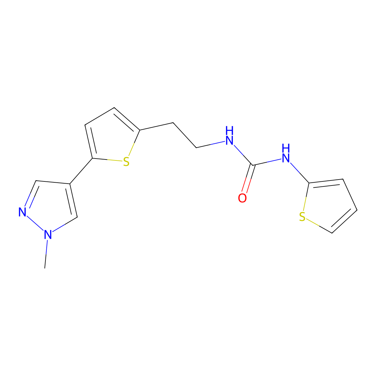 3-{2-[5-(1-methyl-1H-pyrazol-4-yl)thiophen-2-yl]ethyl}-1-(thiophen-2-yl)urea molecular structure, CAS 2640976-75-4