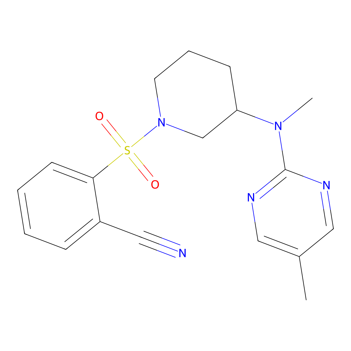 2-({3-[Methyl(5-methylpyrimidin-2-yl)amino]piperidin-1-yl}sulfonyl)benzonitrile molecular structure, CAS 2640976-77-6
