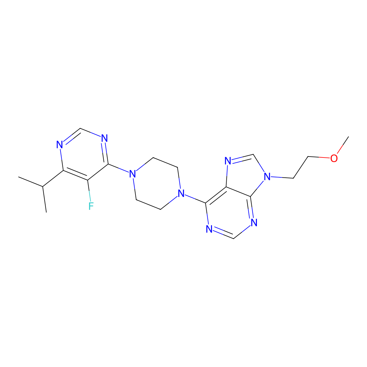 6-{4-[5-fluoro-6-(propan-2-yl)pyrimidin-4-yl]piperazin-1-yl}-9-(2-methoxyethyl)-9H-purine molecular structure, CAS 2640976-79-8