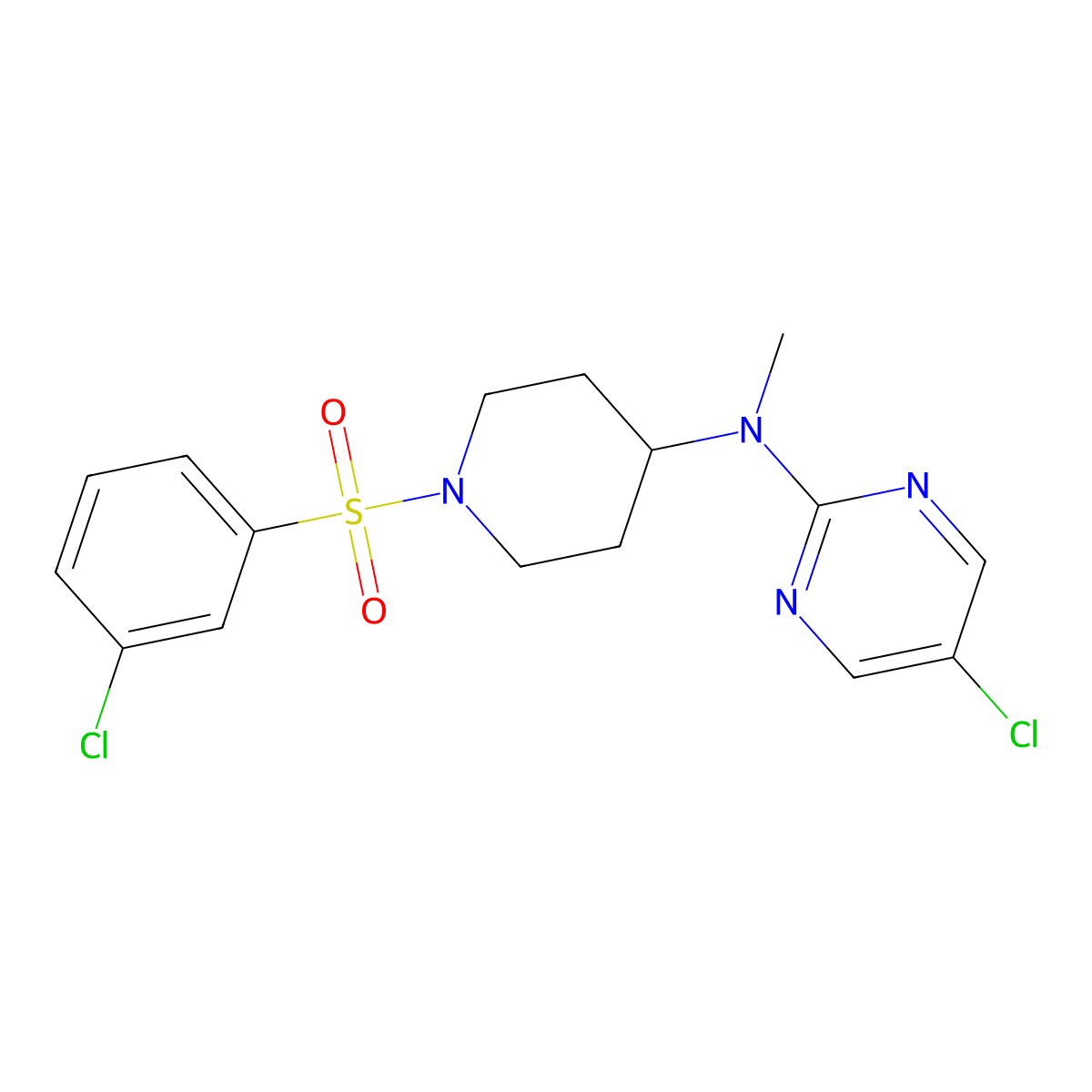 5-chloro-N-[1-(3-chlorobenzenesulfonyl)piperidin-4-yl]-N-methylpyrimidin-2-amine molecular structure, CAS 2640976-86-7
