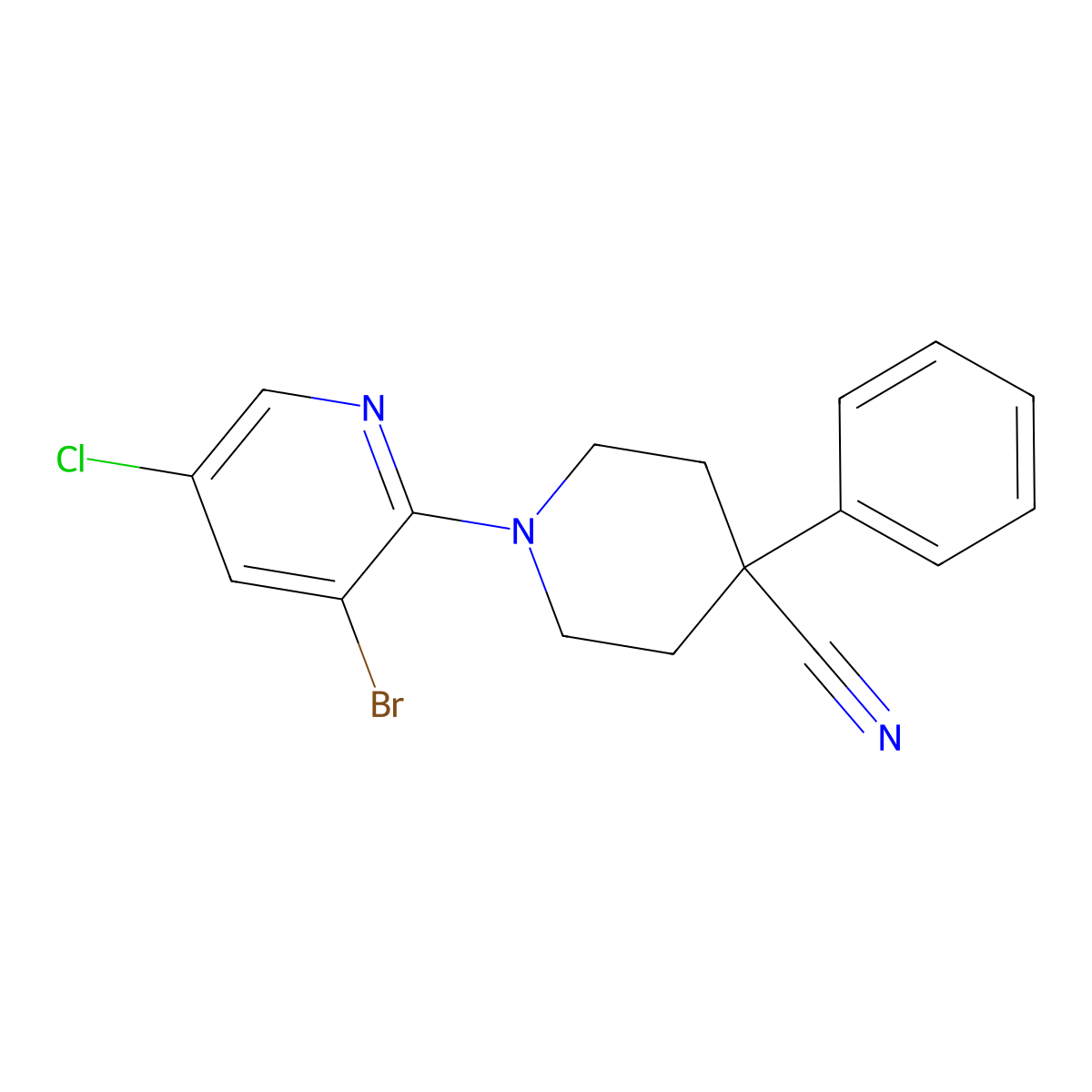 1-(3-Bromo-5-chloropyridin-2-yl)-4-phenylpiperidine-4-carbonitrile molecular structure, CAS 2640976-88-9