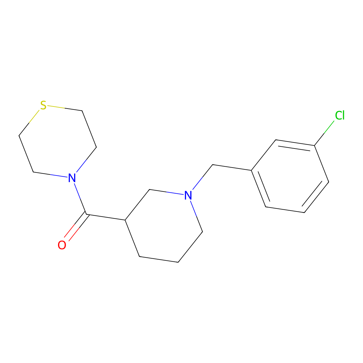 4-{1-[(3-Chlorophenyl)methyl]piperidine-3-carbonyl}thiomorpholine molecular structure, CAS 2640976-89-0