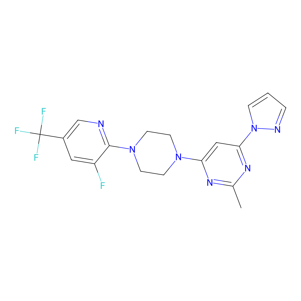 4-{4-[3-fluoro-5-(trifluoromethyl)pyridin-2-yl]piperazin-1-yl}-2-methyl-6-(1H-pyrazol-1-yl)pyrimidine molecular structure, CAS 2640976-91-4