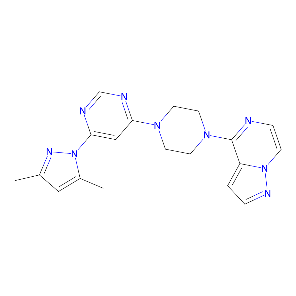 4-(3,5-dimethyl-1H-pyrazol-1-yl)-6-(4-{pyrazolo[1,5-a]pyrazin-4-yl}piperazin-1-yl)pyrimidine molecular structure, CAS 2640976-92-5