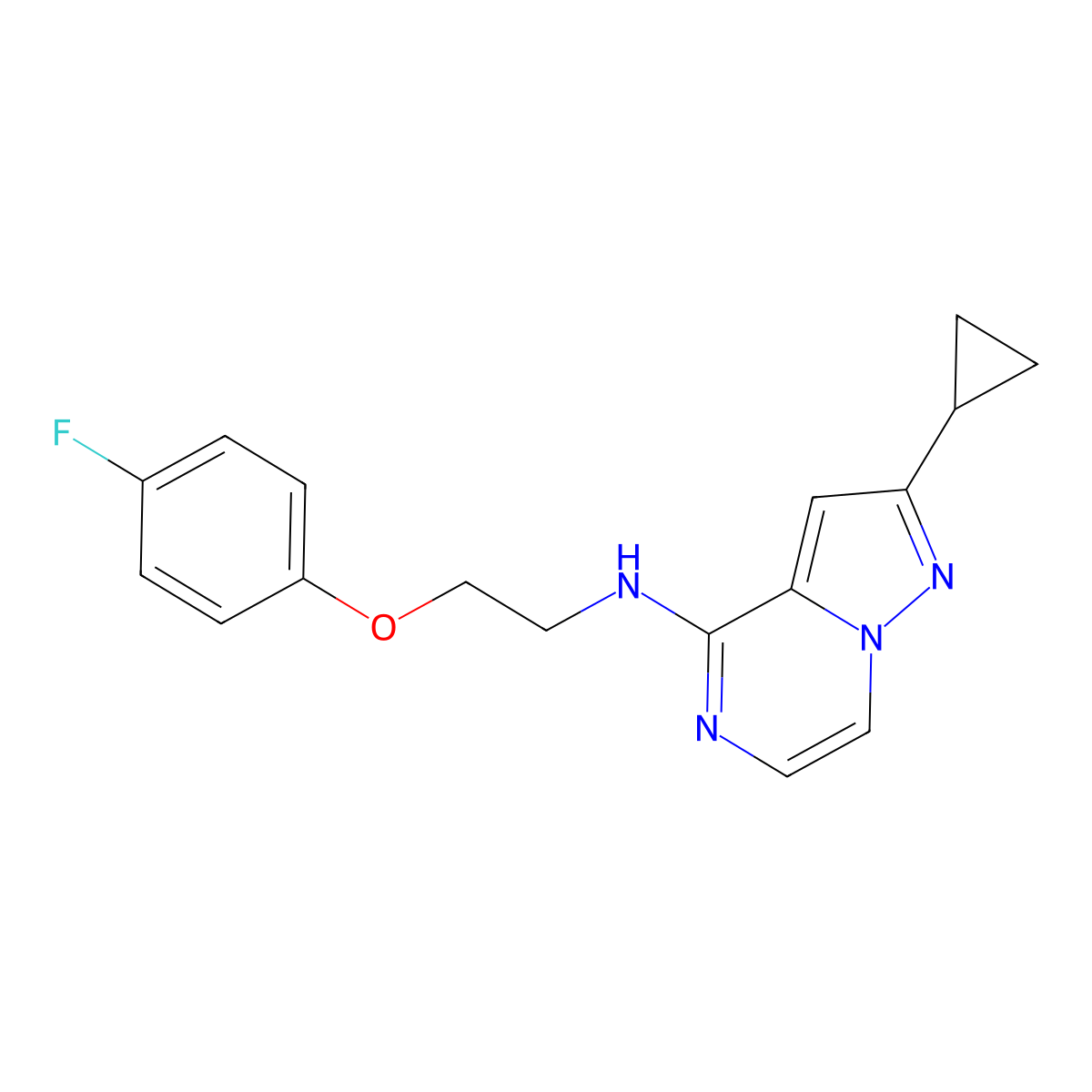 2-cyclopropyl-N-[2-(4-fluorophenoxy)ethyl]pyrazolo[1,5-a]pyrazin-4-amine molecular structure, CAS 2640976-93-6