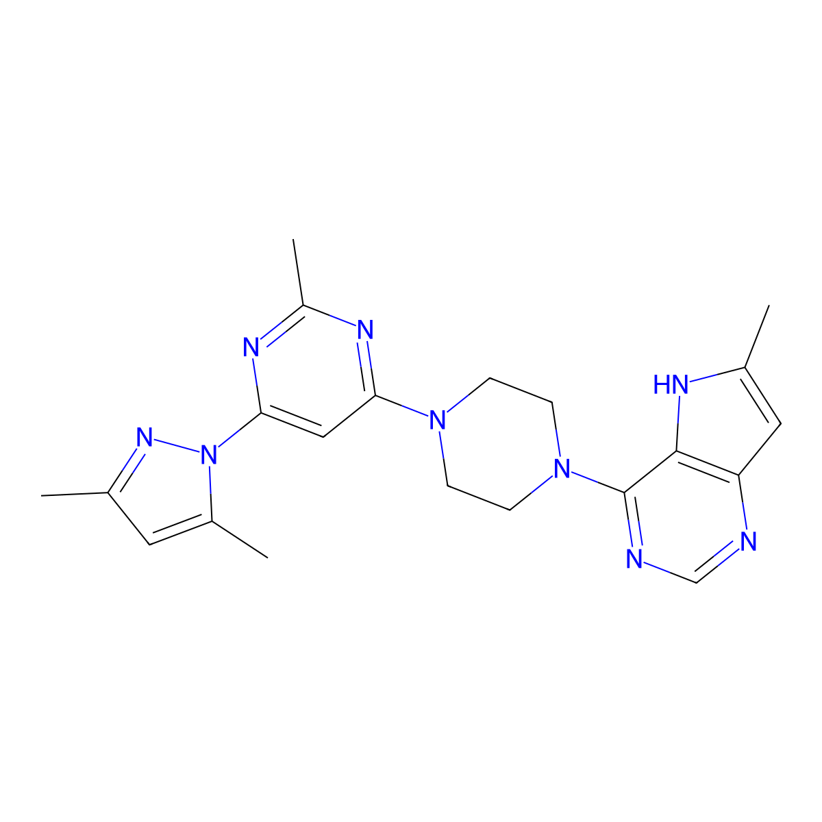 4-(3,5-dimethyl-1H-pyrazol-1-yl)-2-methyl-6-(4-{6-methyl-5H-pyrrolo[3,2-d]pyrimidin-4-yl}piperazin-1-yl)pyrimidine molecular structure, CAS 2640976-94-7