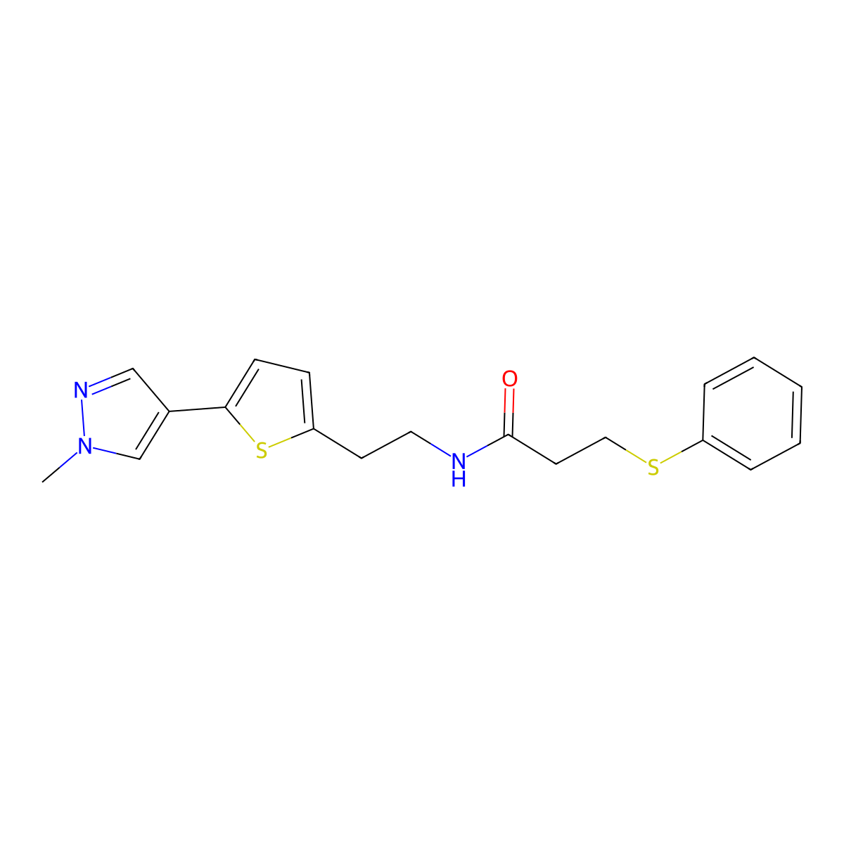 N-{2-[5-(1-methyl-1H-pyrazol-4-yl)thiophen-2-yl]ethyl}-3-(phenylsulfanyl)propanamide molecular structure, CAS 2640976-96-9