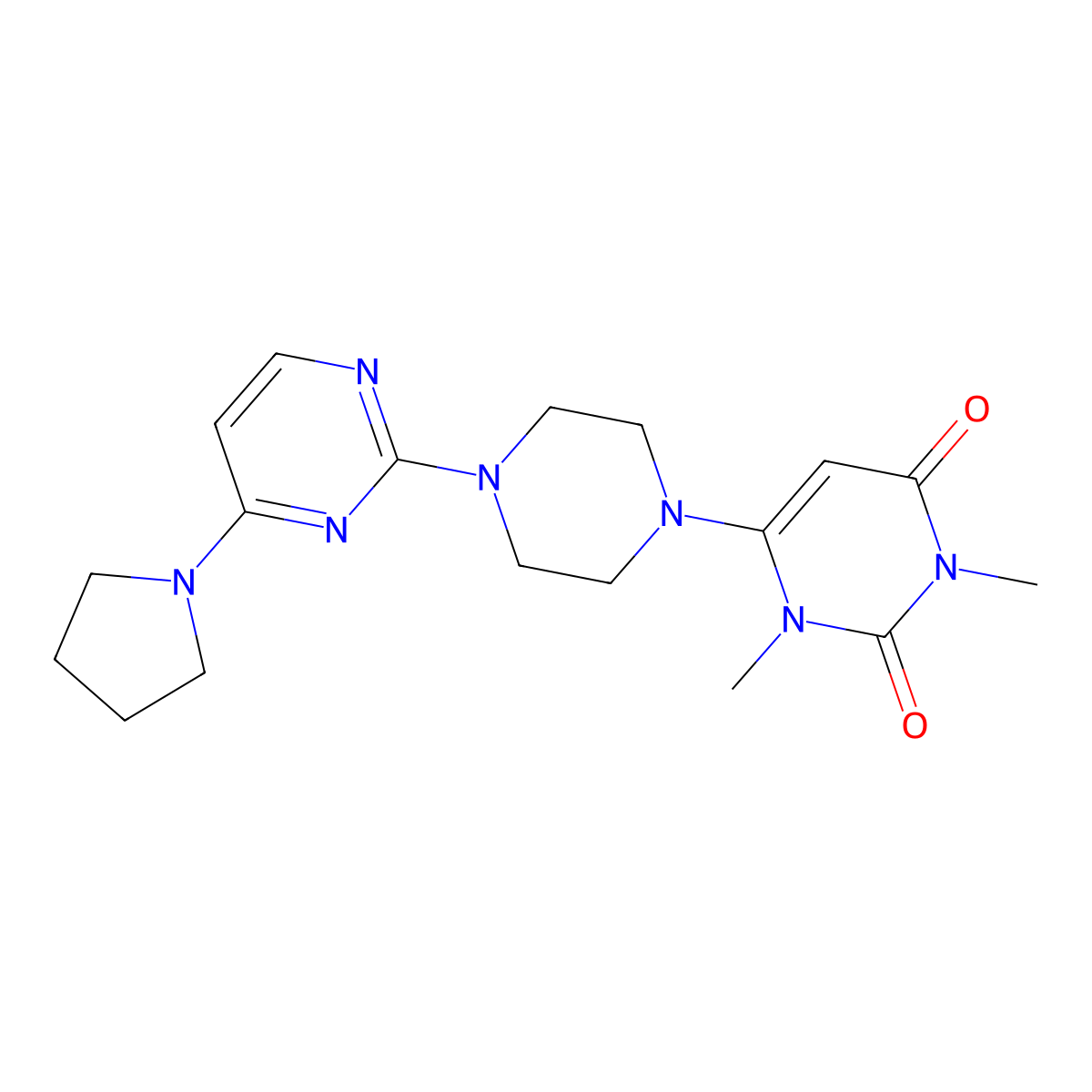 1,3-Dimethyl-6-{4-[4-(pyrrolidin-1-yl)pyrimidin-2-yl]piperazin-1-yl}-1,2,3,4-tetrahydropyrimidine-2,4-dione molecular structure, CAS 2640976-97-0