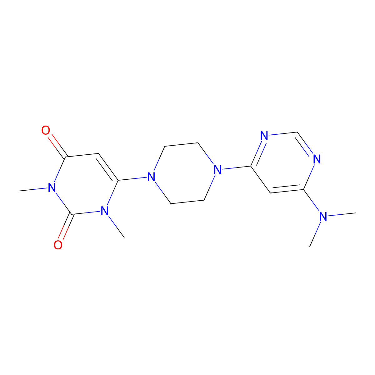 6-{4-[6-(Dimethylamino)pyrimidin-4-yl]piperazin-1-yl}-1,3-dimethyl-1,2,3,4-tetrahydropyrimidine-2,4-dione molecular structure, CAS 2640976-98-1
