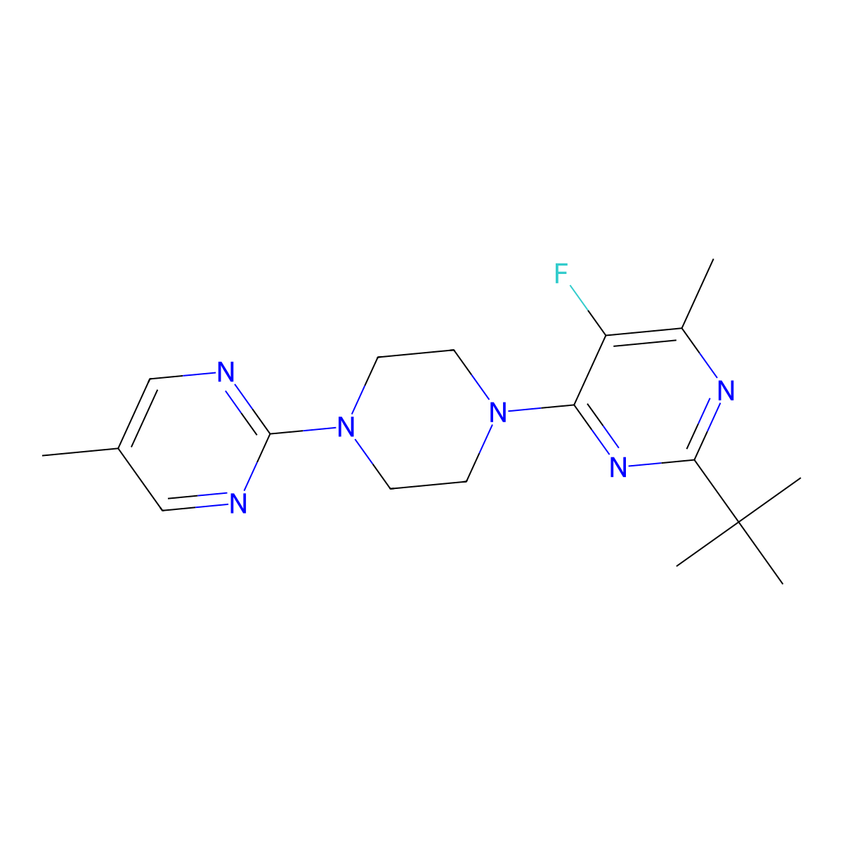 2-Tert-butyl-5-fluoro-4-methyl-6-[4-(5-methylpyrimidin-2-yl)piperazin-1-yl]pyrimidine molecular structure, CAS 2640977-01-9