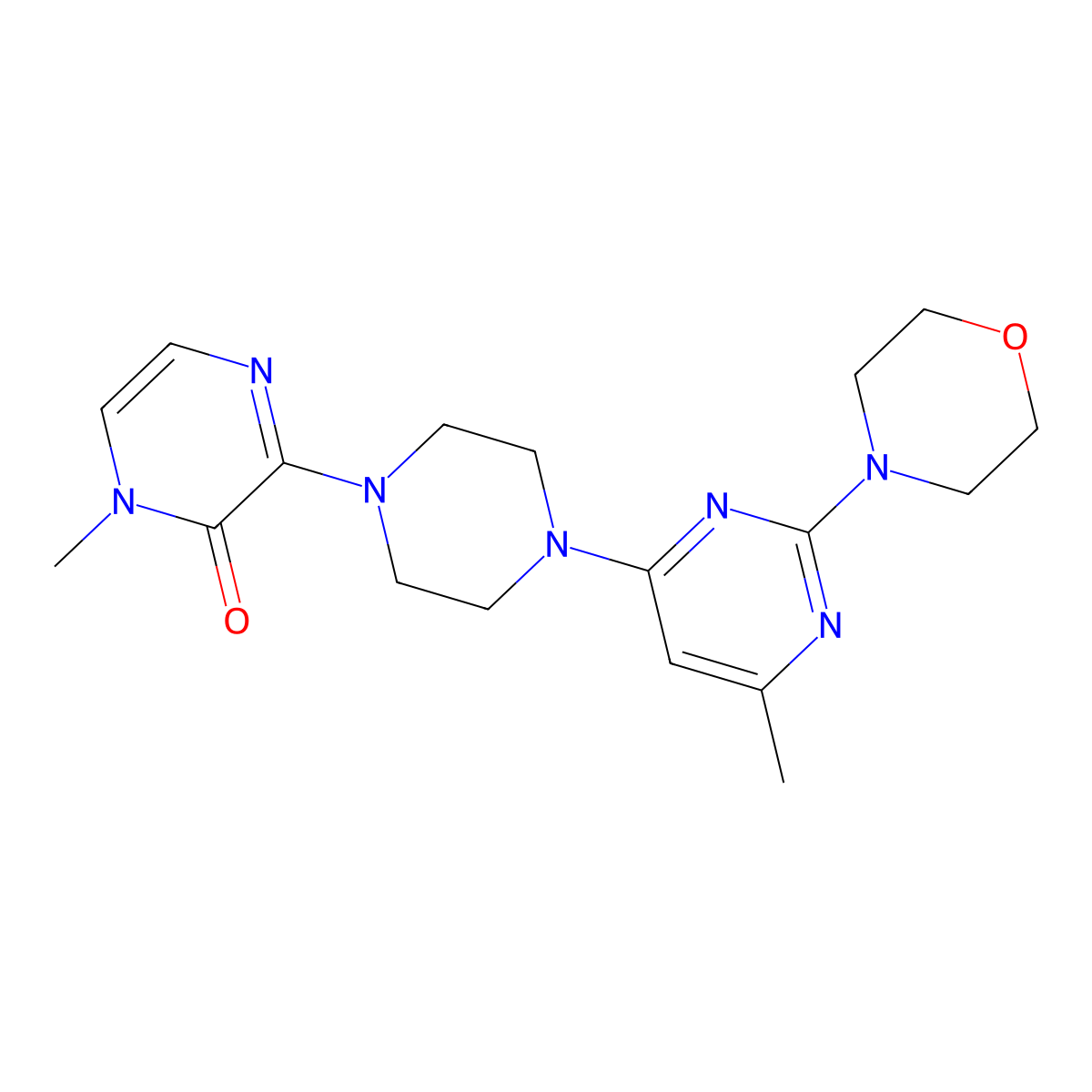 1-Methyl-3-{4-[6-methyl-2-(morpholin-4-yl)pyrimidin-4-yl]piperazin-1-yl}-1,2-dihydropyrazin-2-one molecular structure, CAS 2640977-04-2