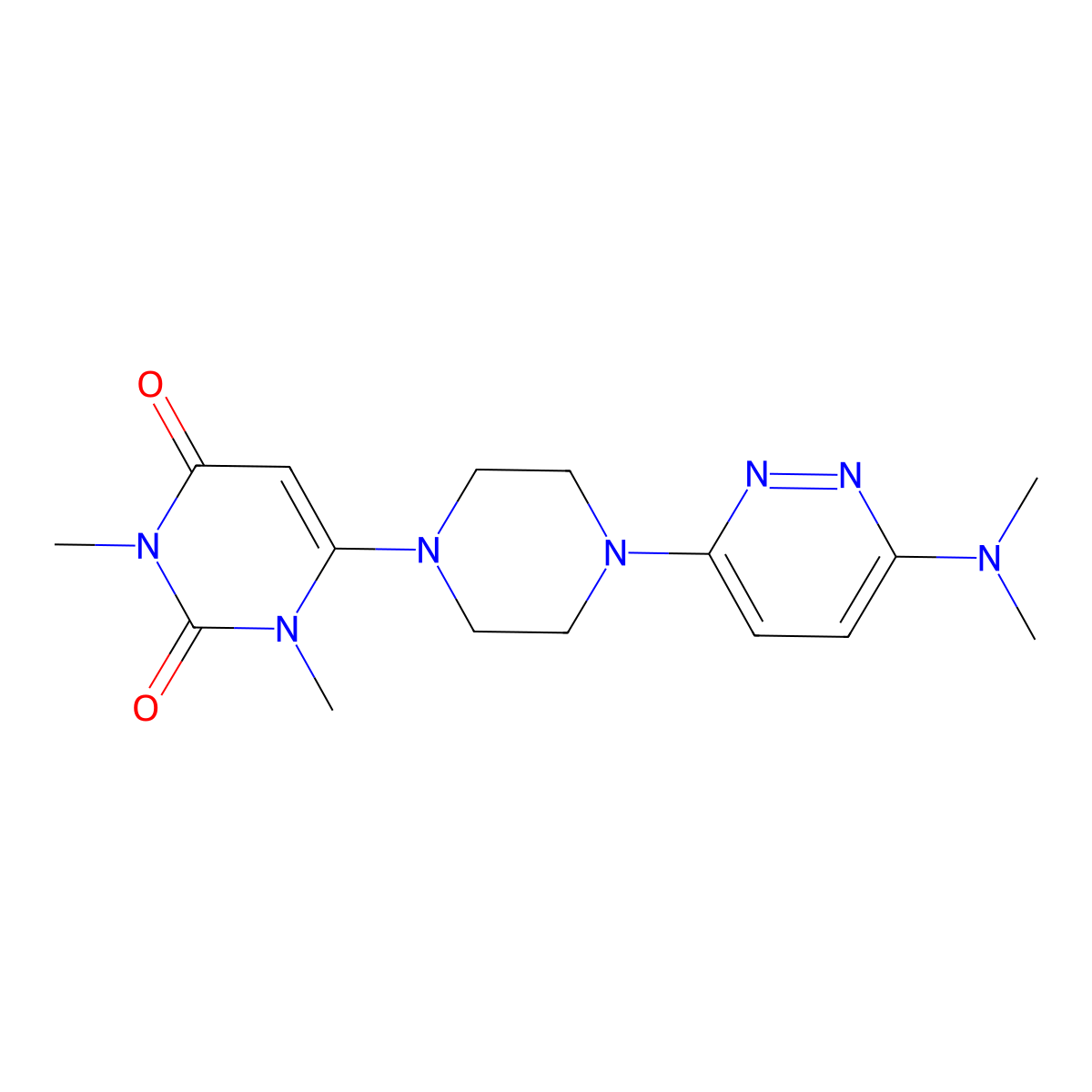 6-{4-[6-(Dimethylamino)pyridazin-3-yl]piperazin-1-yl}-1,3-dimethyl-1,2,3,4-tetrahydropyrimidine-2,4-dione molecular structure, CAS 2640977-05-3