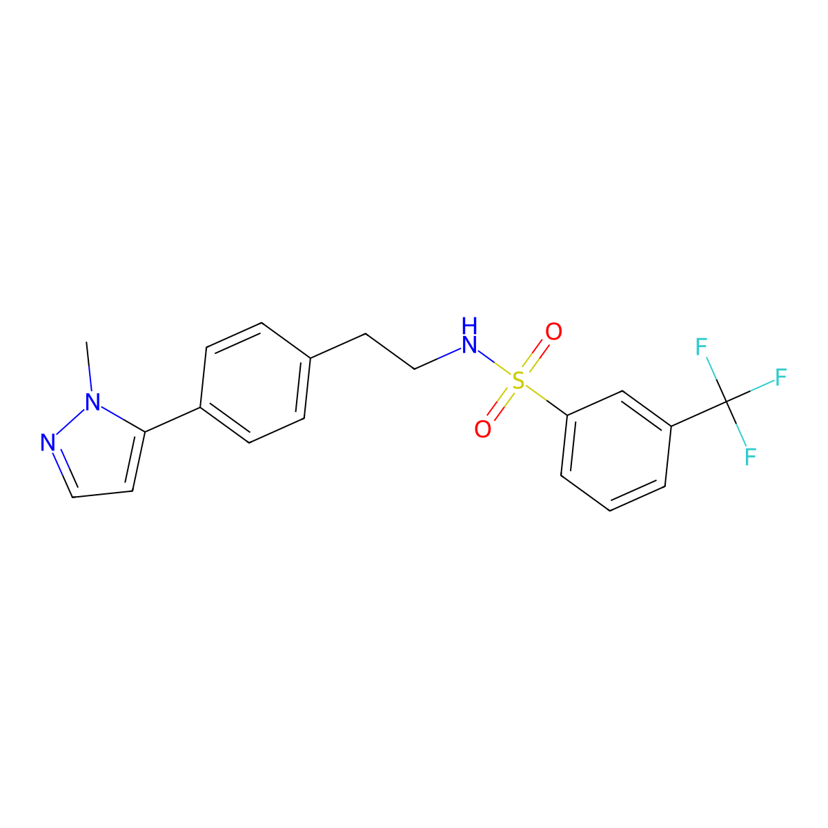 N-{2-[4-(1-methyl-1H-pyrazol-5-yl)phenyl]ethyl}-3-(trifluoromethyl)benzene-1-sulfonamide molecular structure, CAS 2640977-08-6