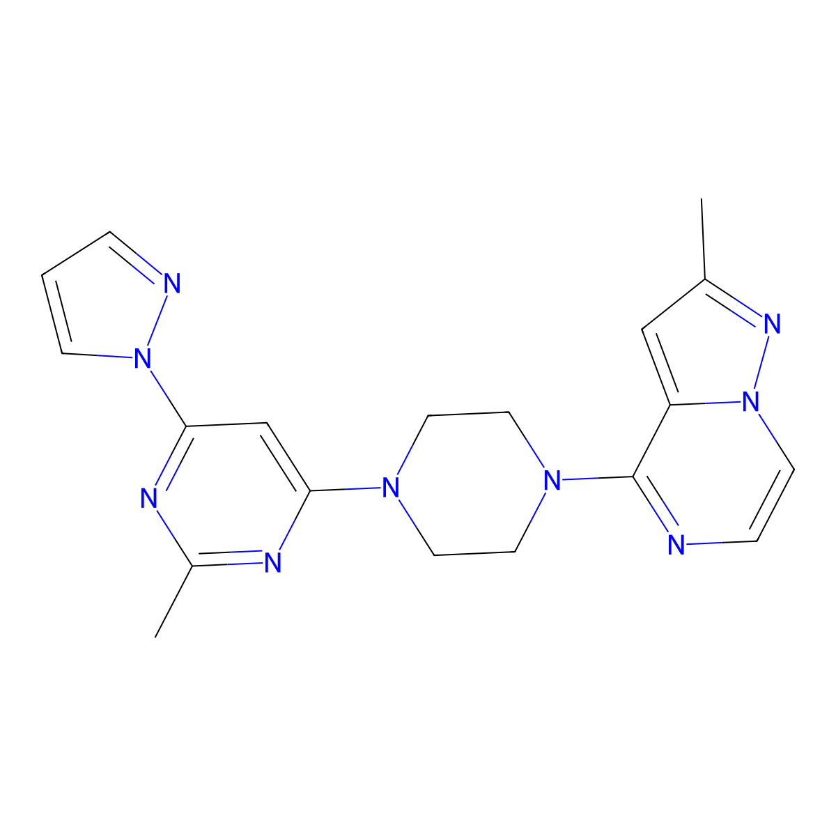 2-methyl-4-(4-{2-methylpyrazolo[1,5-a]pyrazin-4-yl}piperazin-1-yl)-6-(1H-pyrazol-1-yl)pyrimidine molecular structure, CAS 2640977-09-7