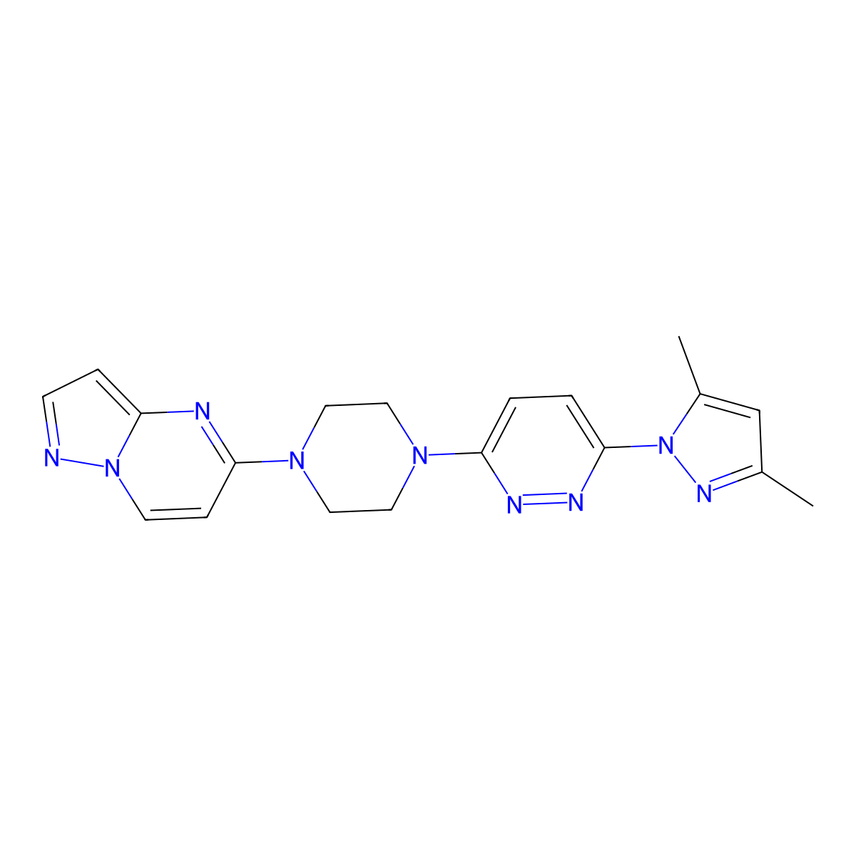 3-(3,5-dimethyl-1H-pyrazol-1-yl)-6-(4-{pyrazolo[1,5-a]pyrimidin-5-yl}piperazin-1-yl)pyridazine molecular structure, CAS 2640977-14-4