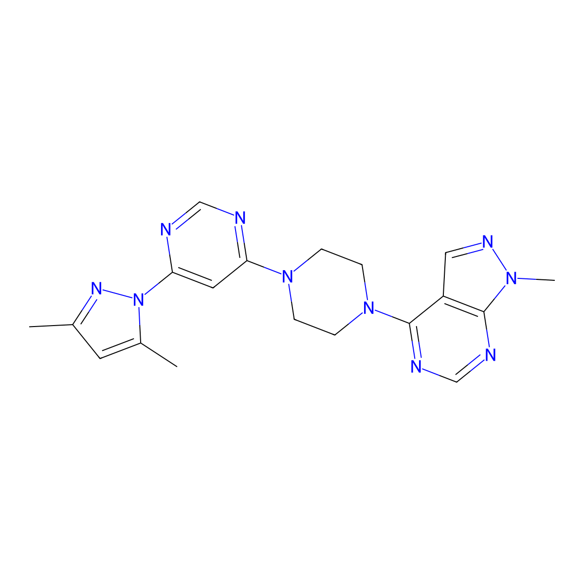 4-(3,5-dimethyl-1H-pyrazol-1-yl)-6-(4-{1-methyl-1H-pyrazolo[3,4-d]pyrimidin-4-yl}piperazin-1-yl)pyrimidine molecular structure, CAS 2640977-15-5